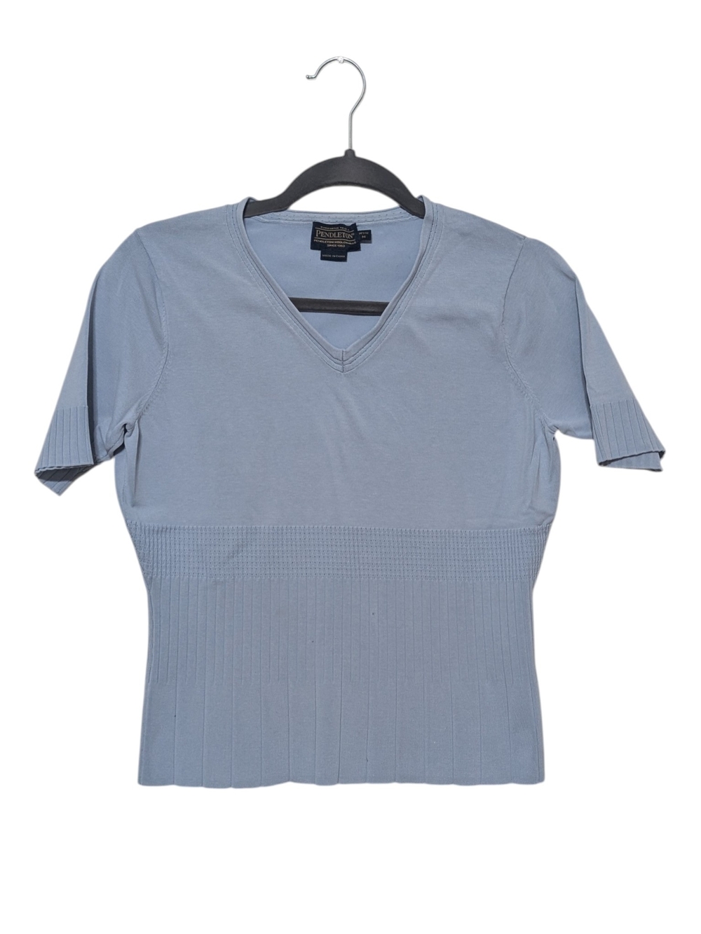​Pendleton Silk Blend V-Neck Short Sleeve Sweater Blue Ribbed Waist MP